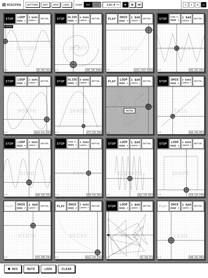Sixteen blocks in a four by four grid, most playing, one muted with a hatch pattern