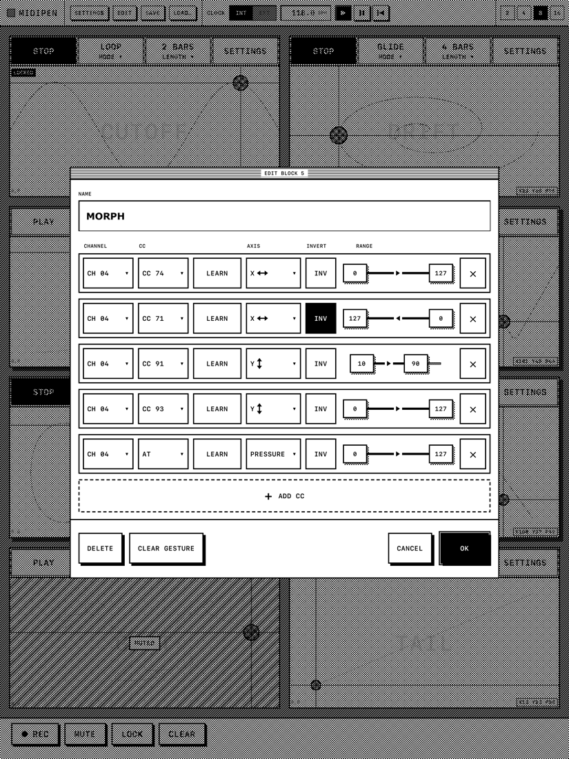 The block settings dialog with five mapping rows, each with a channel, CC number, LEARN button, axis, invert switch and range slider