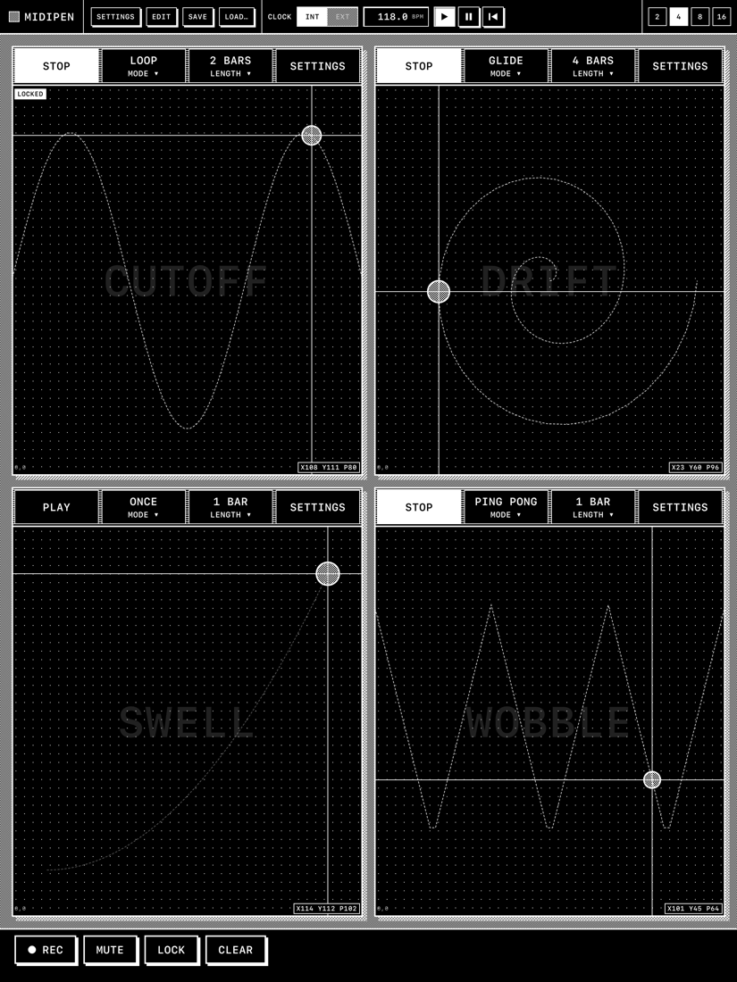 The same four blocks in dark mode: white lines on black
