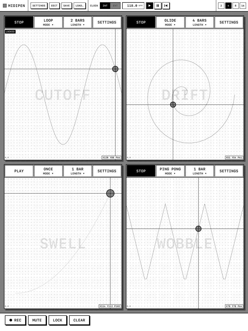 MIDIPen canvas showing four blocks named CUTOFF, DRIFT, SWELL and WOBBLE, each playing back a dashed recorded gesture with a crosshair cursor