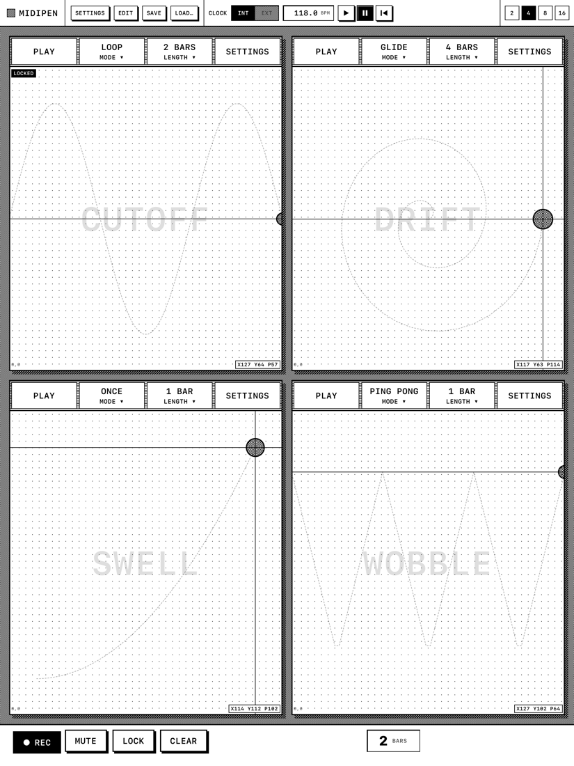The MIDIPen canvas with the REC button held and a 2 BARS counter in the bottom bar
