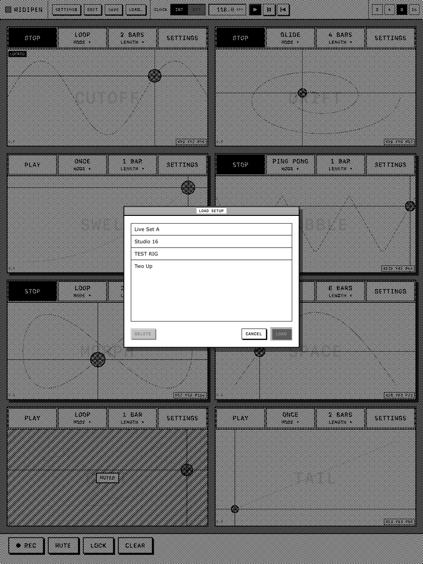 The LOAD SETUP dialog listing saved setups with DELETE, CANCEL and LOAD buttons