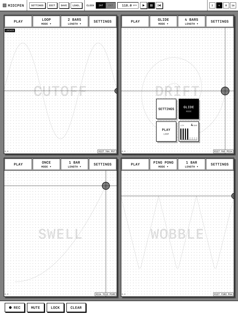 A small four-tile menu (SETTINGS, MODE, PLAY, LEN) floating over a block after an Apple Pencil Pro squeeze